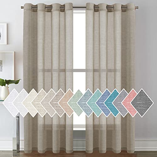 PrimeBeau Faux Linen Grommet Sheer Curtains - Set of 2 Panels 52 Series Long