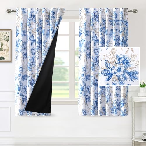 PrimeBeau 100% Blackout Curtains Vintage Floral Printed Drapes (Set of 2 Panels), Blue and Wheat