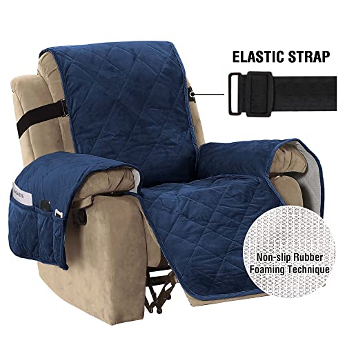 H.VERSAILTEX Thick Velvet Quilted Recliner Covers for Recliner Chair Covers Reclining Chair Slipcover Recliner Couch Cover with Non Slip Backing and Wider Elastic Strap (Recliner, Navy)