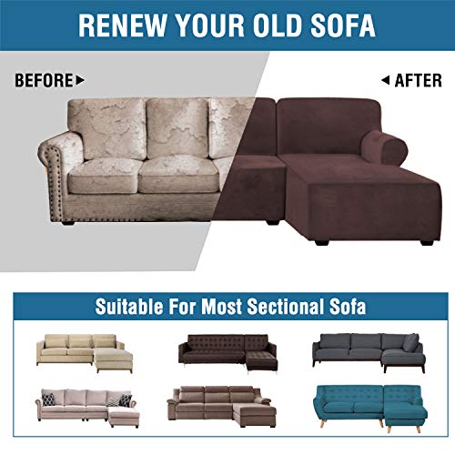 PrimeBeau 2 Pieces L-Shaped Rich Velvet Stretch Sofa Covers Anti-Slip Sectional Slipcovers with Straps Bottom Luxury Thick Velvet Corner Sofa Cover