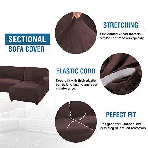 PrimeBeau 2 Pieces L-Shaped Rich Velvet Stretch Sofa Covers Anti-Slip Sectional Slipcovers with Straps Bottom Luxury Thick Velvet Corner Sofa Cover