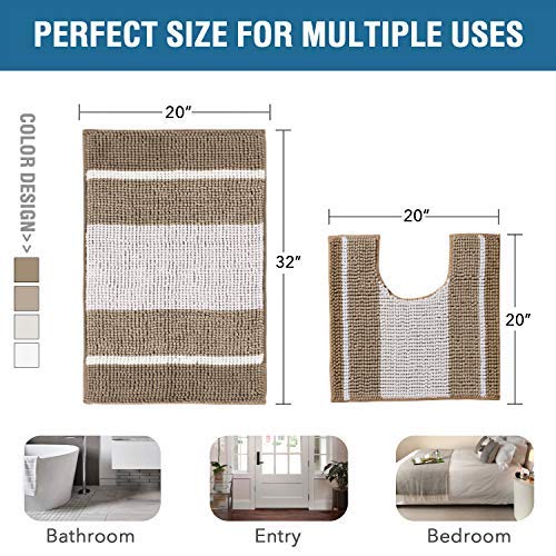 PrimeBeau Bath Rug Set 2 Piece for Bathroom Bath Mats Non Slip Bouncy Chenille Ombre Dyeing Bath Rugs Rectangle, Water Absorbent Striped Shag Mats