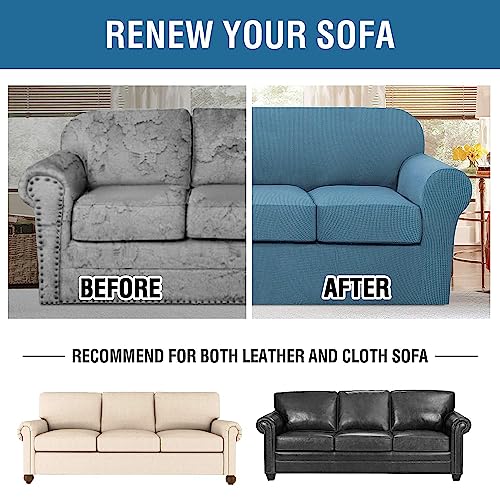 H.VERSAILTEX 4 Piece Stretch Sofa Covers for 3 Cushion Couch Covers for Living Room Furniture Slipcovers (Base Cover Plus 3 Seat Cushion Covers) Upgraded Thicker Jacquard Fabric (XL Sofa, Dusty Blue)