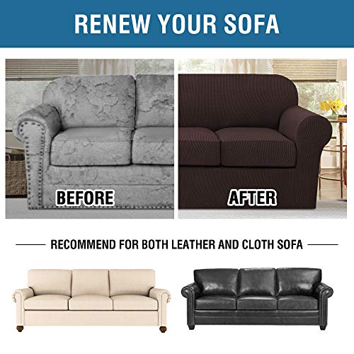 H.VERSAILTEX 4 Piece Stretch Sofa Covers for 3 Cushion Couch Covers for Living Room Furniture Slipcovers (Base Cover Plus 3 Seat Cushion Covers) Upgraded Thicker Jacquard Fabric (Sofa, Chocolate)