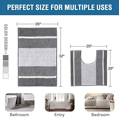 PrimeBeau Bath Rug Set 2 Piece for Bathroom Bath Mats Non Slip Bouncy Chenille Ombre Dyeing Bath Rugs Rectangle, Water Absorbent Striped Shag Mats