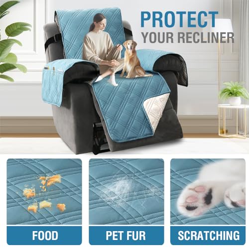 H.VERSAILTEX 100% Waterproof Small Recliner Chairs for Adults Lazy Boy Recliner Chair Covers Furniture Protector with Elastic Straps for Pets Kids Sitting Width Up to 23" (Recliner, Smoke Blue/Beige)