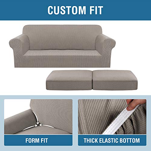 H.VERSAILTEX 3 Piece Stretch Sofa Covers for 2 Cushion Sofa Couch Covers for Living Room Sofa Slipcovers (Base Cover Plus 2 Seat Cushion Covers) Thicker Jacquard Fabric(Large Sofa, Taupe)