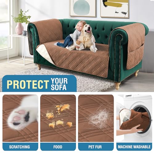 PrimeBeau 100% Waterproof Loveseat Couch Covers Traditional Chesterfield Sofa Covers with Extra Long Armrest Cover Waterproof and Washable Thick Couch Cover for Dogs (1 Piece)