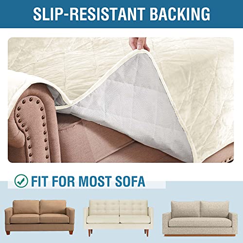 Thick Velvet Sofa Cover Soft Couch Cover for 2 Cushion Sofa Slipcover Washable Furniture Protector for Dogs, Non-Slip Elastic Straps Fit Sitting Width Up to 54"(Loveseat, Ivory)