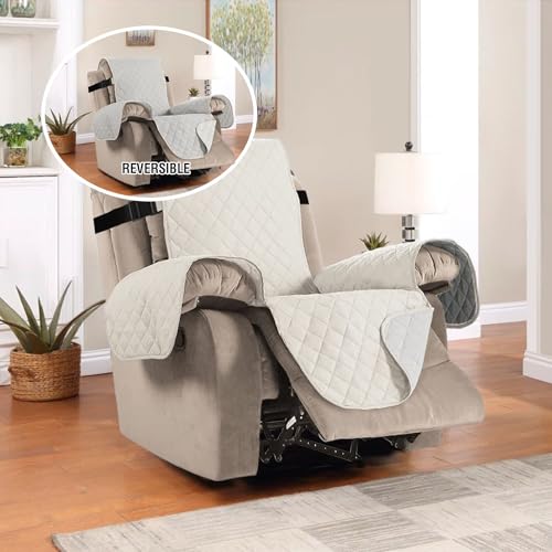 H.VERSAILTEX Reversible Quilted Recliner Covers Recliner Chair Cover Water Resistant Furniture Protector Washable Couch Cover with Elastic Straps for Kids, Pets (Recliner, Ivory/Beige)