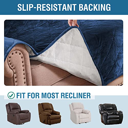 H.VERSAILTEX Thick Velvet Quilted Recliner Covers for Recliner Chair Covers Reclining Chair Slipcover Recliner Couch Cover with Non Slip Backing and Wider Elastic Strap (Recliner, Navy)