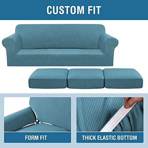 H.VERSAILTEX 4 Piece Stretch Sofa Covers for 3 Cushion Couch Covers for Living Room Furniture Slipcovers (Base Cover Plus 3 Seat Cushion Covers) Upgraded Thicker Jacquard Fabric (Sofa, Storm Blue)