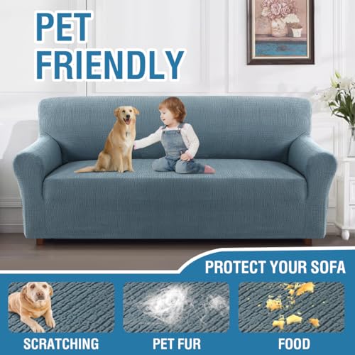 H.VERSAILTEX 2024 Newest Jacquard Couch Covers for 3 Cushion Couch 1 Piece Stretch Sofa Covers Furniture Protector Anti-Slip Soft Thickened Dogs Slipcovers Washable Crizzle Pattern(Sofa, Stone Blue)