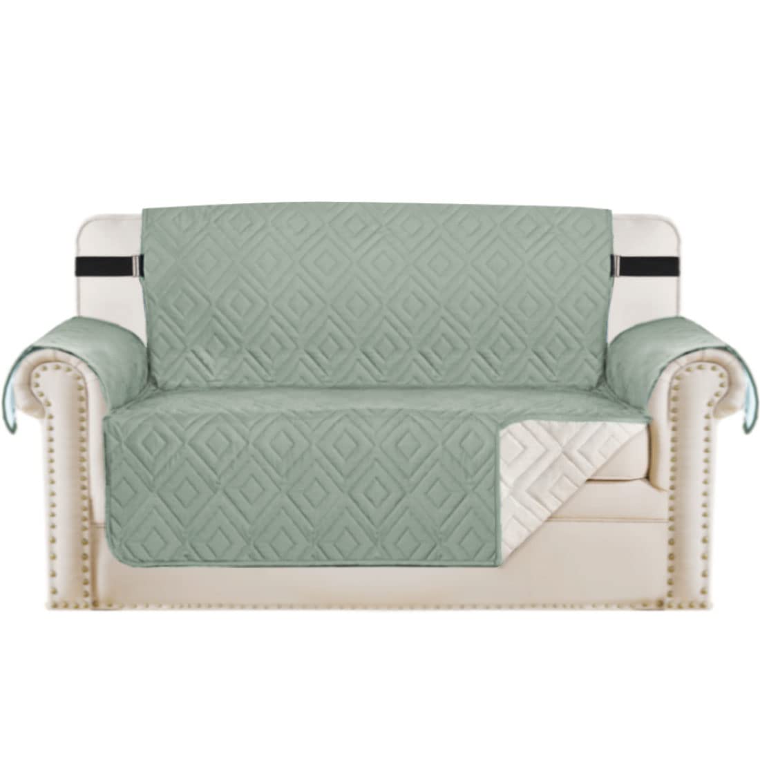 PrimeBeau Reversible Loveseat Cover Furniture Protector Anti-Slip Water Resistant 2 Inch Wide Elastic Straps Couch Covers