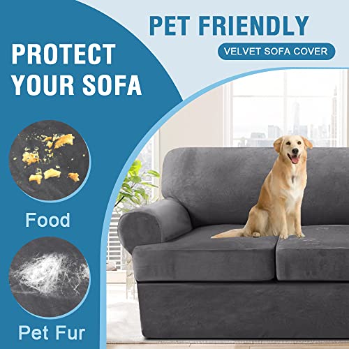 PrimeBeau Sofa Cover 3 Pieces T Cushion Loveseat Slipcovers Thick Velvet Couch Cover Furniture Protector Stretch T Cushion Sofa Covers for 2 Cushion Couch with 2 T Cushion Covers Washable