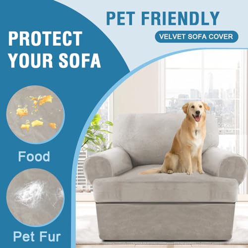 PrimeBeau 2 Piece Armchair Slipcovers Thick Velvet Couch Cover Furniture Protector Stretch Sofa Covers for 1 Cushion Couch with 1 Individual T Cushion Covers Washable