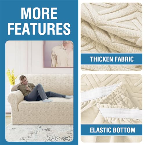 H.VERSAILTEX 2024 Newest Jacquard Couch Covers for 3 Cushion Couch 1 Piece Stretch Sofa Covers Furniture Protector Anti-Slip Soft Thickened Dogs Slipcovers Washable Diamond Pattern(Sofa, Ivory)
