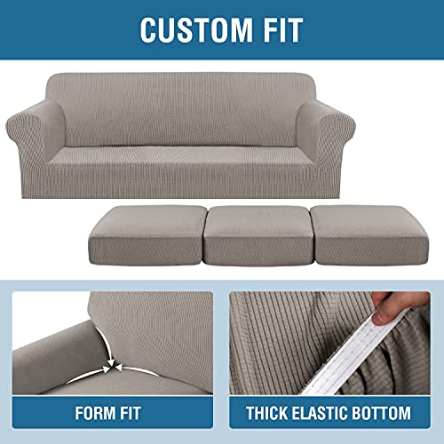 H.VERSAILTEX 4 Piece Stretch Sofa Covers for 3 Cushion Couch Covers for Living Room Furniture Slipcovers (Base Cover Plus 3 Seat Cushion Covers) Upgraded Thicker Jacquard Fabric (XL Sofa, Taupe)