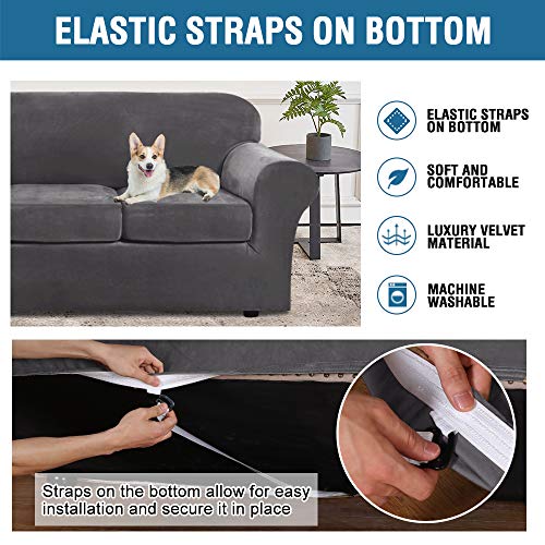 PrimeBeau Real Velvet Plush 3 Piece Stretch Sofa Covers Couch Covers for 2 Cushion Couch Loveseat Covers