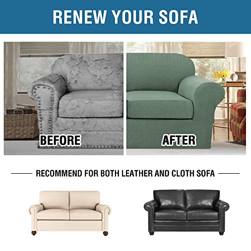 H.VERSAILTEX 3 Piece Stretch Sofa Covers for 2 Cushion Loveseat Couch Covers for Living Room Sofa Slipcovers (Base Cover Plus 2 Seat Cushion Covers) Thicker Jacquard Fabric(Medium, Loden Frost)