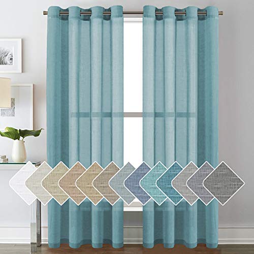 PrimeBeau Faux Linen Grommet Sheer Curtains - Set of 2 Panels 52 Series Long