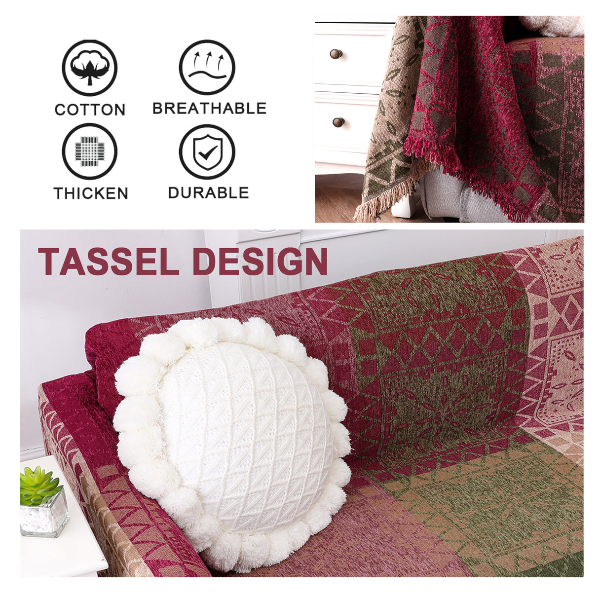 Premier Bohemian Cotton Sofa Cover Washable Throw Cover in Hippie-inspired Chenille Jacquard Fabric (71'' x 118'')