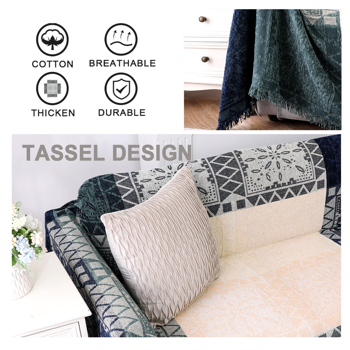 Premier Bohemian Cotton Sofa Cover Washable Throw Cover in Hippie-inspired Chenille Jacquard Fabric (71'' x 118'')