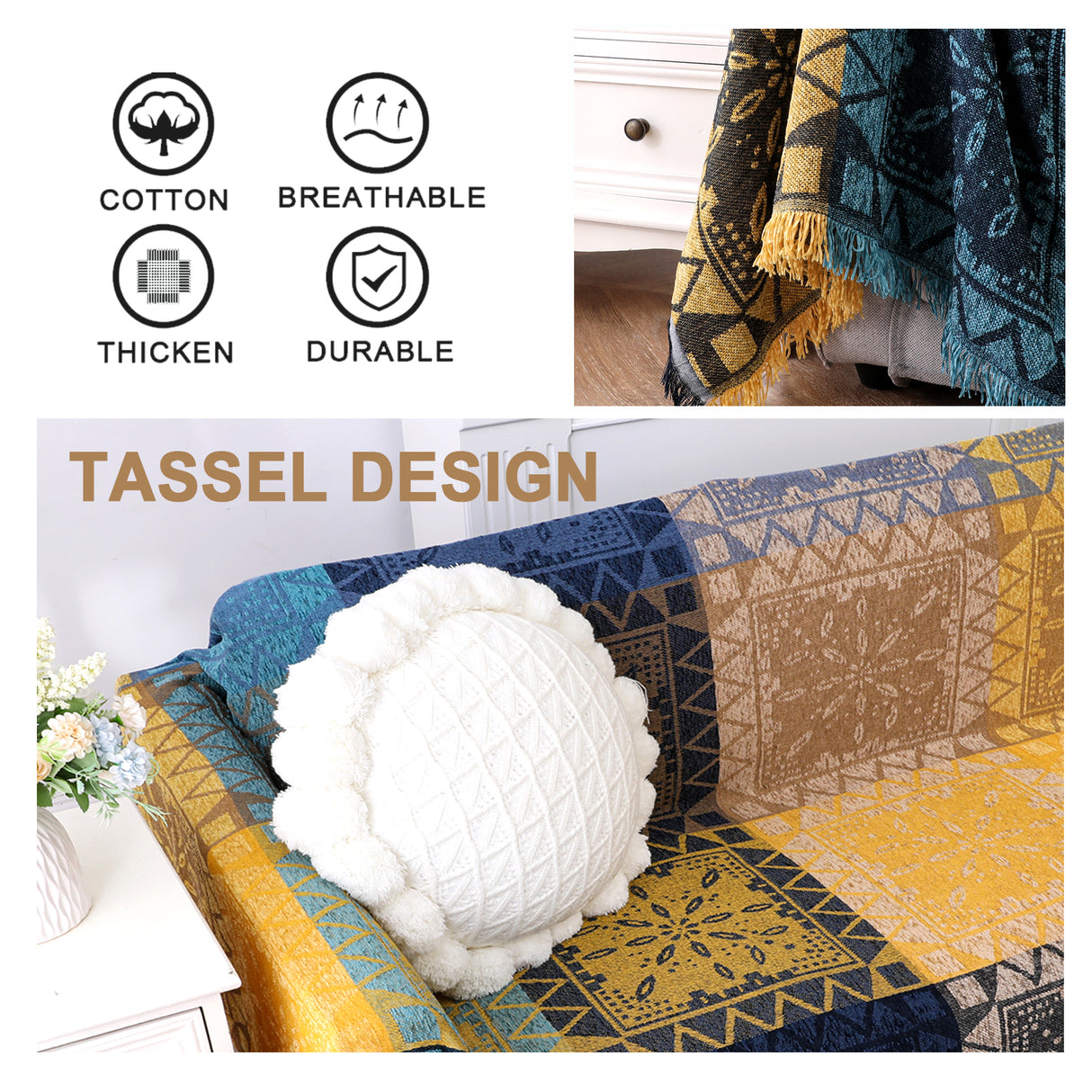 Premier Bohemian Cotton Sofa Cover Washable Throw Cover in Hippie-inspired Chenille Jacquard Fabric (71'' x 118'')