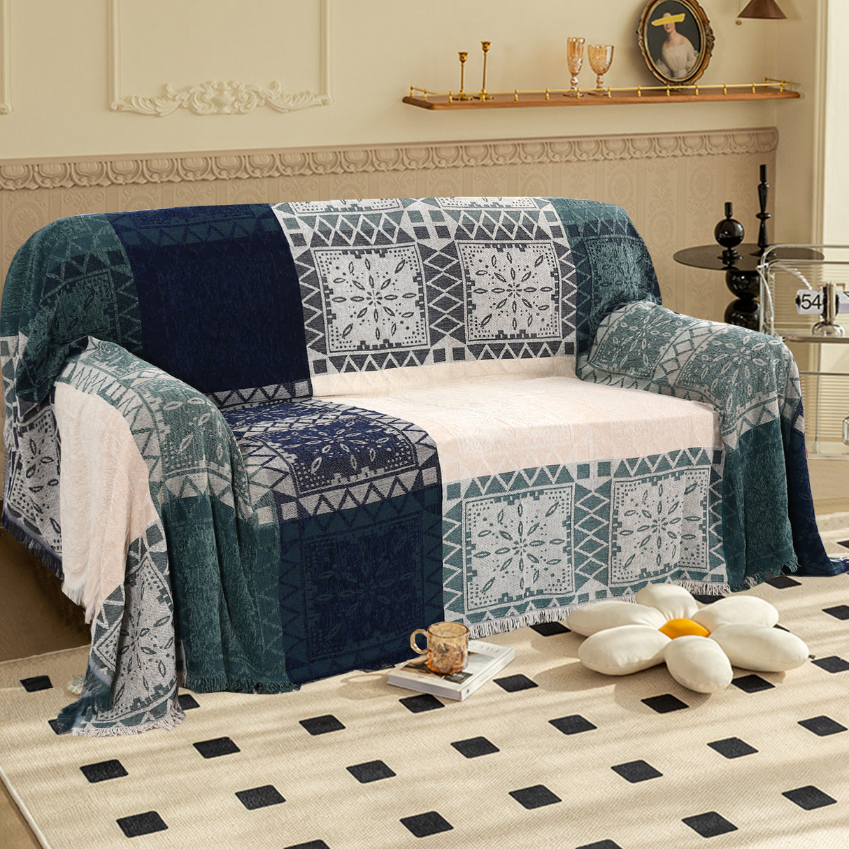 Premier Bohemian Cotton Sofa Cover Washable Throw Cover in Hippie-inspired Chenille Jacquard Fabric (71'' x 118'')