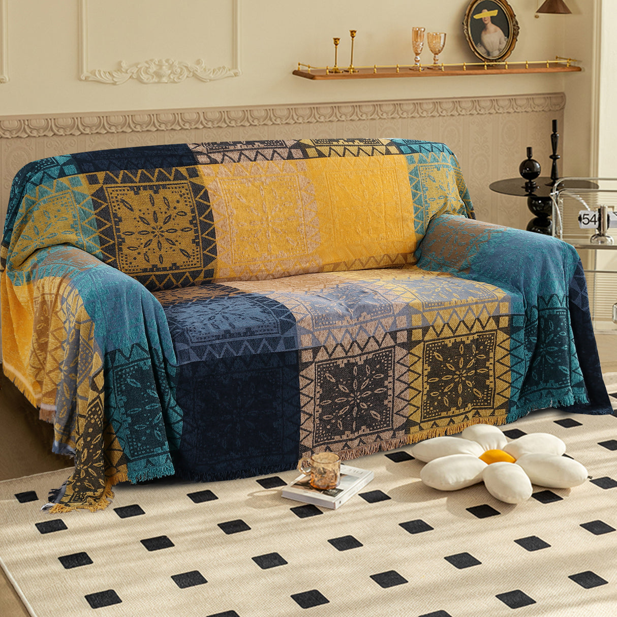 Premier Bohemian Cotton Sofa Cover Washable Throw Cover in Hippie-inspired Chenille Jacquard Fabric (71'' x 118'')