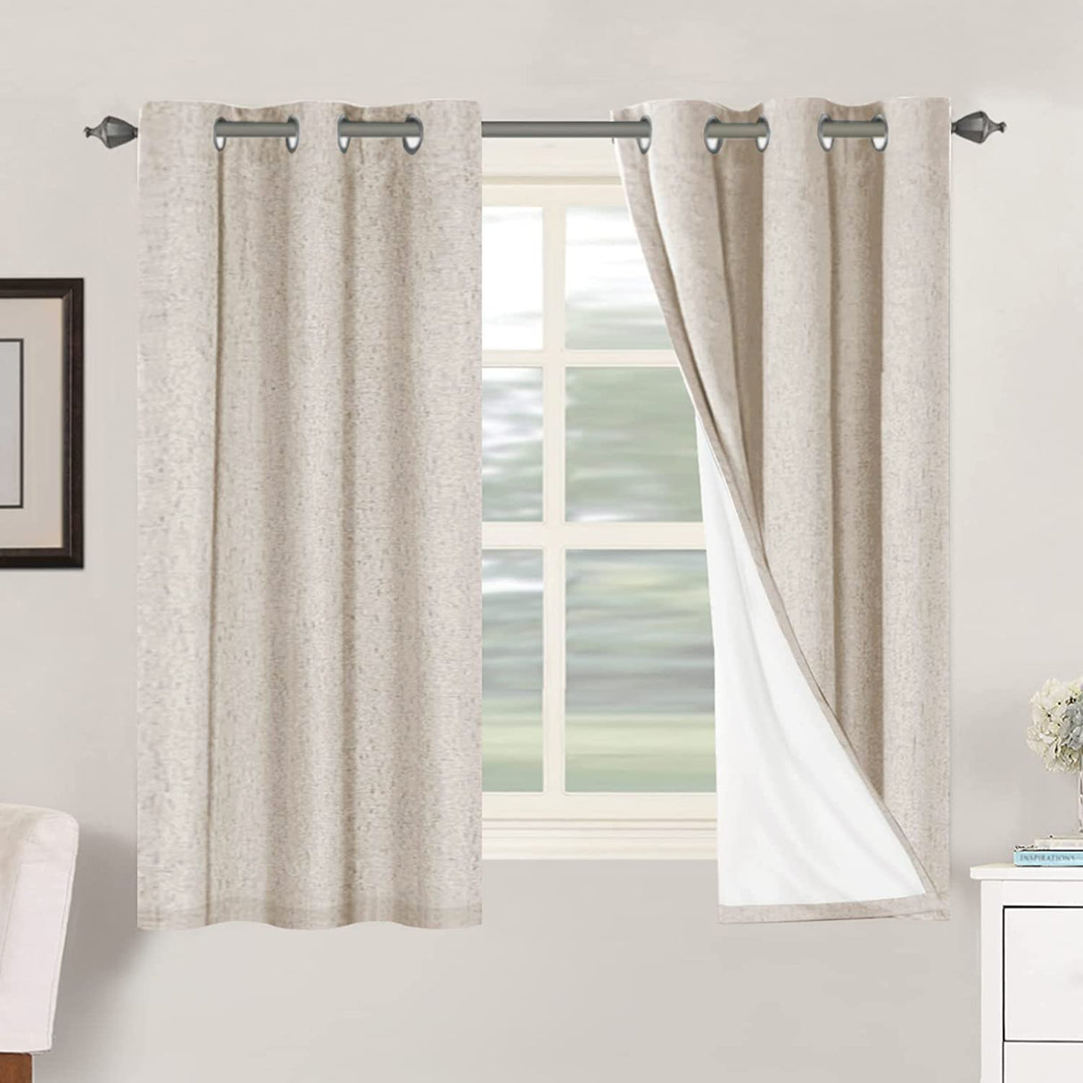Primitive Linen Curtains 100% Blackout Curtain Drapes Burlap Fabric Curtains with White Thermal Insulated Liner, Grommet Top Curtains Living Room/Bedroom (2 Panels, 42 x 54 Inch, Natural)