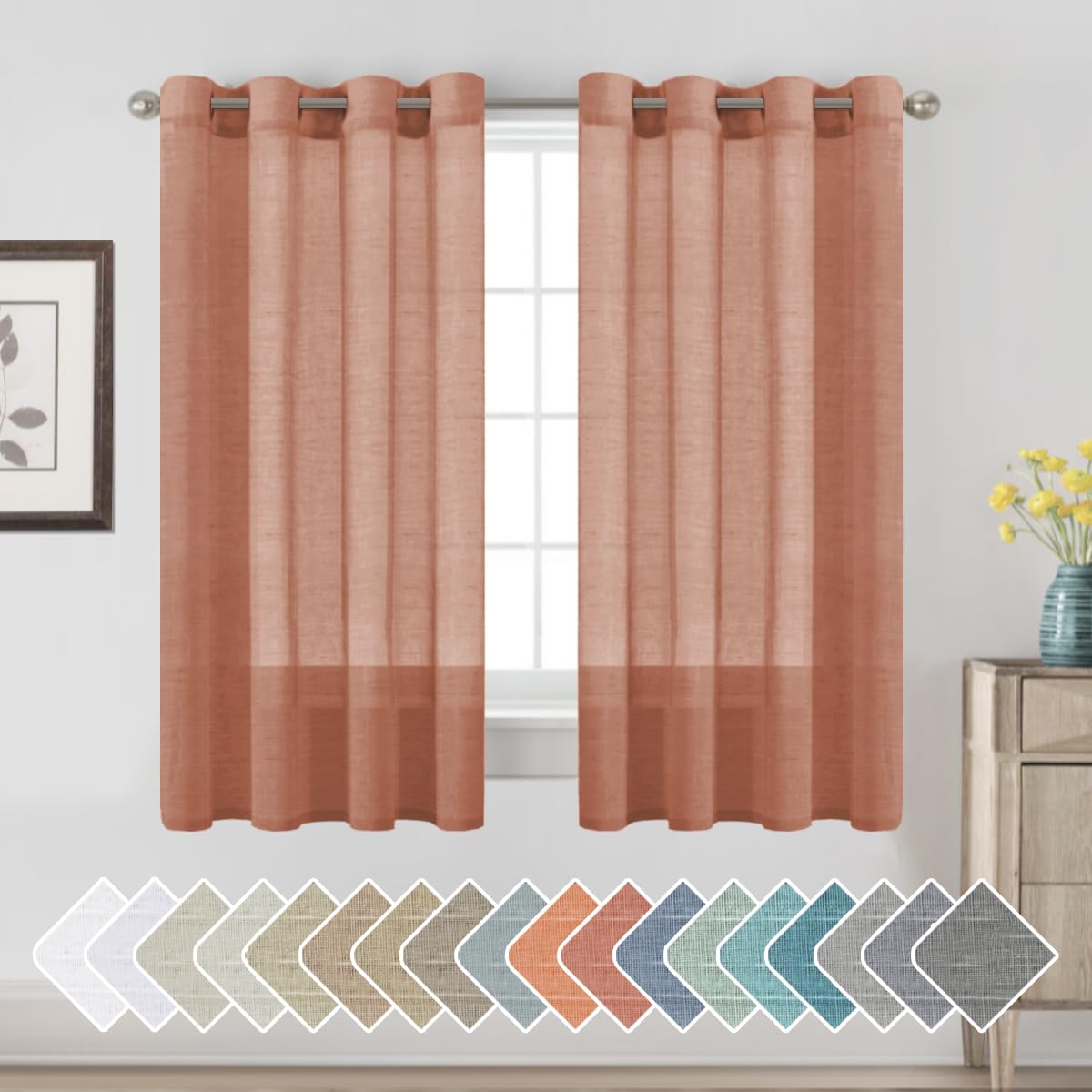 PrimeBeau Faux Linen Semi-Sheer Curtains - Set of 2 Panels, 52 Series Medium Length