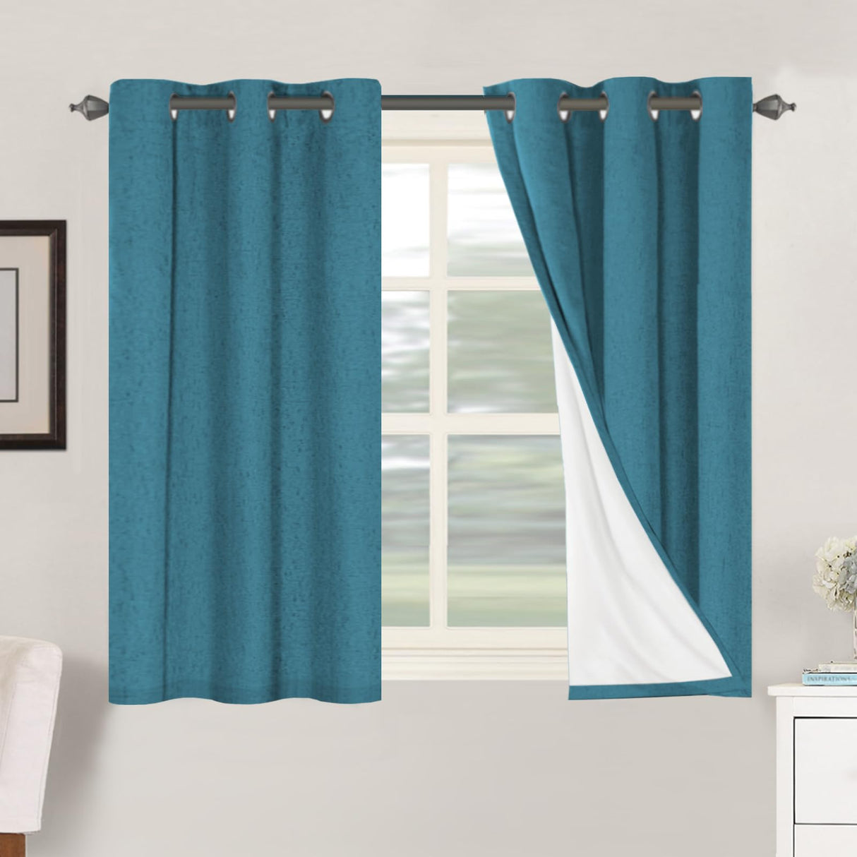 H.Versailtex Linen Blackout Thermal Insulated White Liner Grommet Top Small Window Curtains