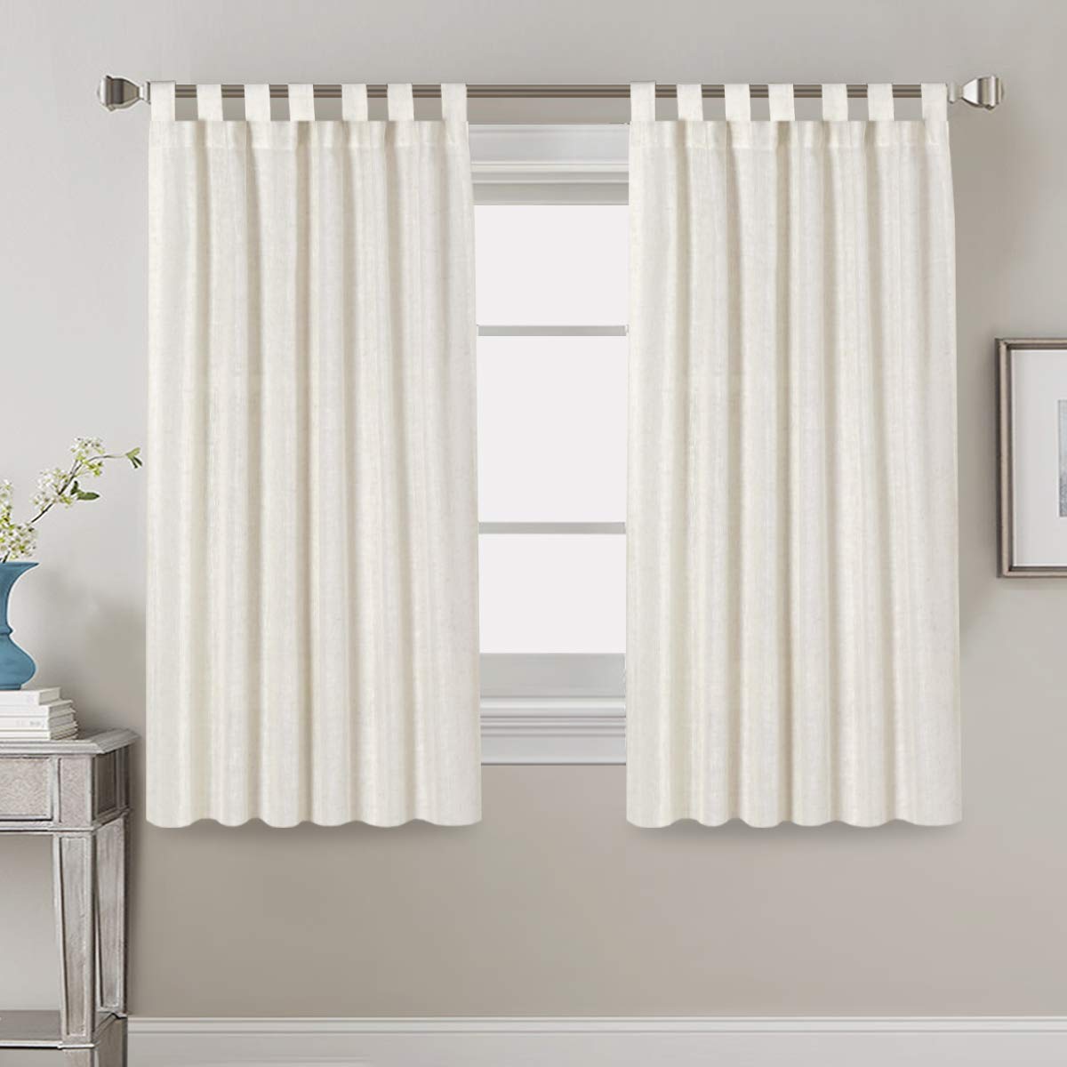 PrimeBeau Natural Linen Mix Tab Top Curtains, Light Filtering Panels (Set of 2)