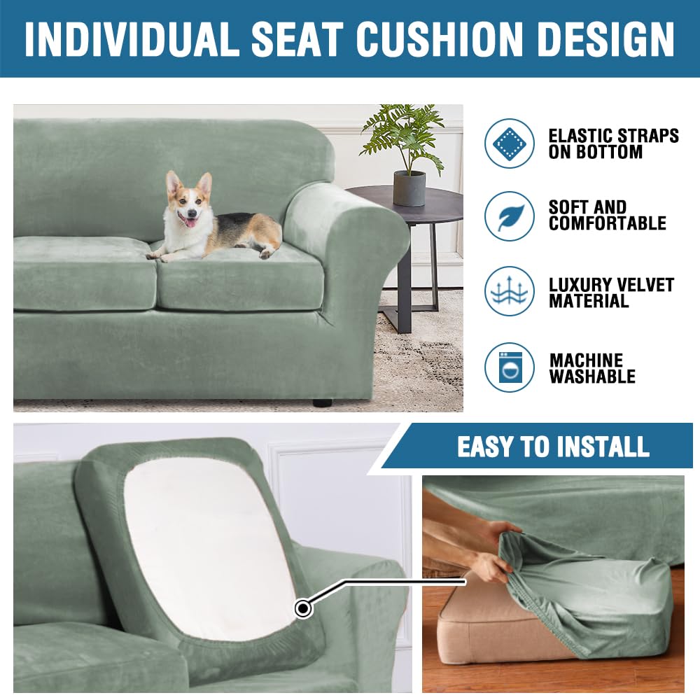 PrimeBeau Real Velvet Plush 3 Piece Stretch Sofa Covers Couch Covers for 2 Cushion Couch Loveseat Covers