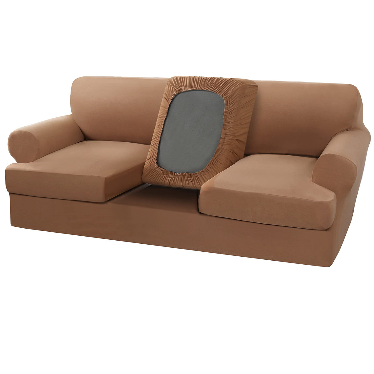 PrimeBeau 4 Pieces T Cushion Sofa Slipcovers Couch Cover for 3 Cushion Couch Non Slip Super Stretch Soft Washable Furniture Protector with 3 Individual T Cushion Covers