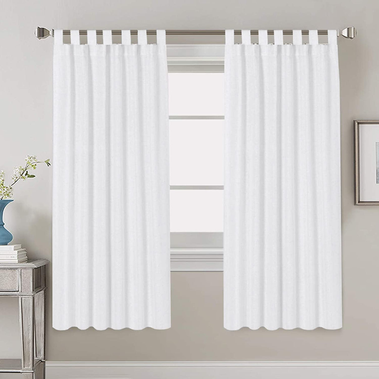 PrimeBeau Natural Linen Mix Tab Top Curtains, Light Filtering Panels (Set of 2)