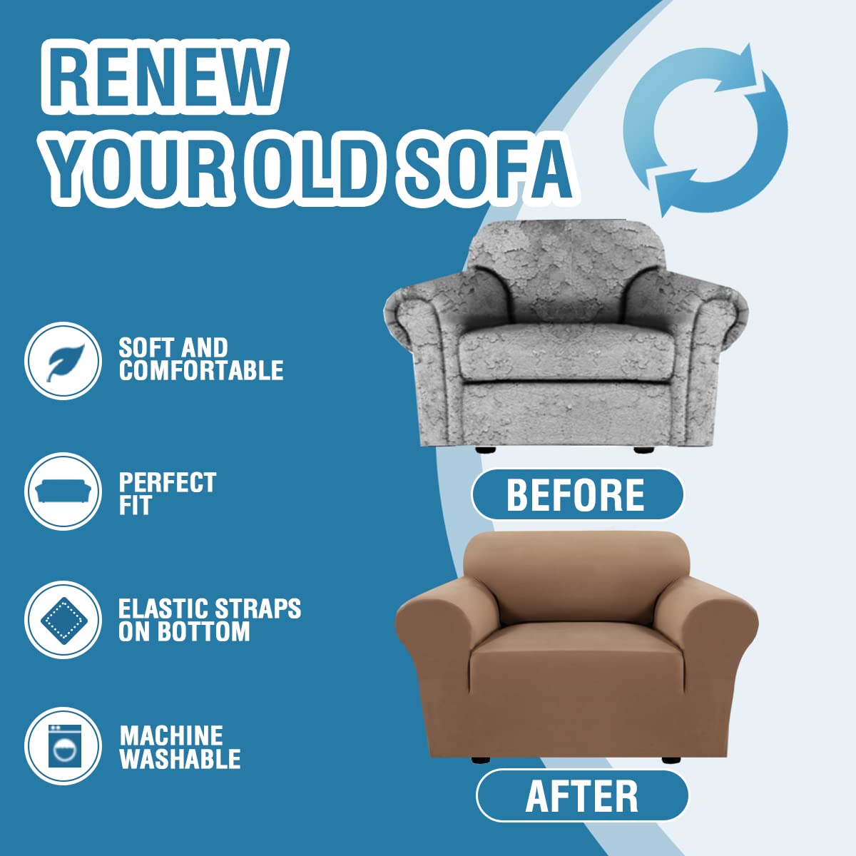 PrimeBeau 2023 Version Armchair Cover 1-Piece Stretch Couch Covers for 1 Cushion Couch Sofa Cover Spandex Non Slip Soft Form Fit Furniture Protector with Elastic Bottom