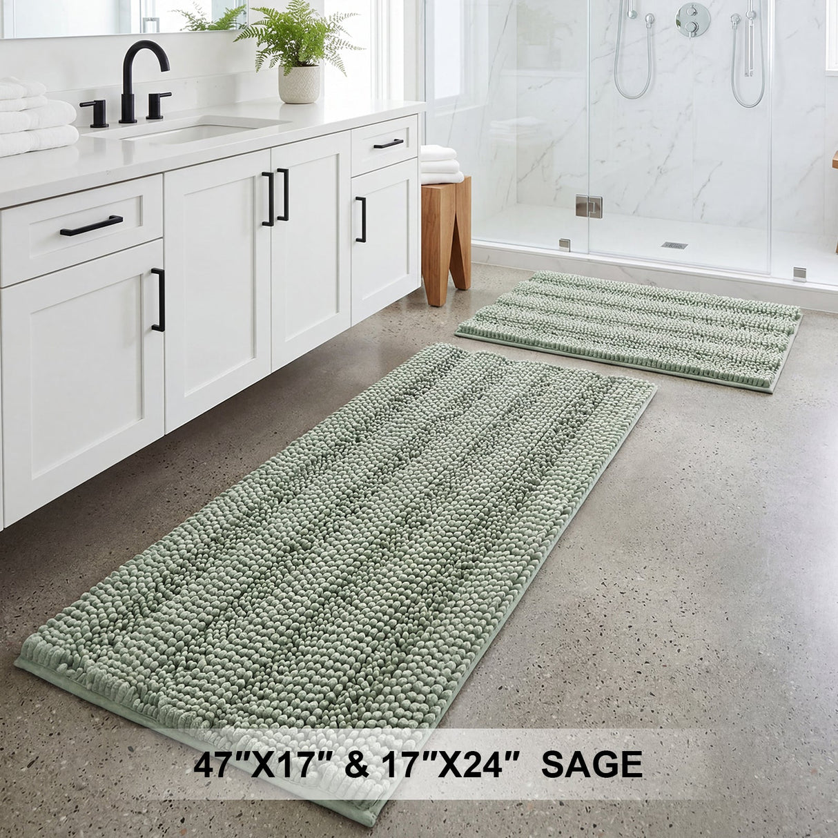 H.Versailtex 2 Pieces Extra Thick Chenille Striped Pattern Shaggy Bath Rugs Include 1 Rectangle and 1 Toilet Rug