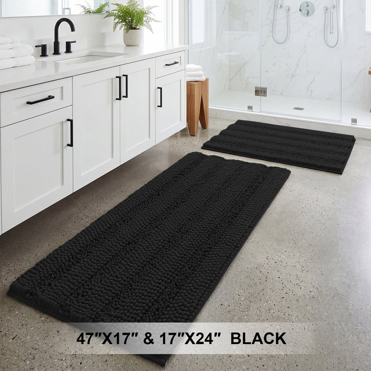 H.Versailtex 2 Pieces Extra Thick Chenille Striped Pattern Shaggy Bath Rugs Include 1 Rectangle and 1 Toilet Rug