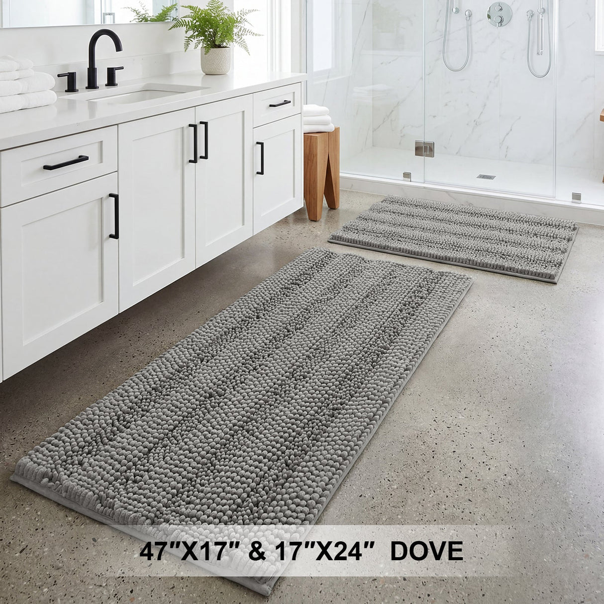 H.Versailtex 2 Pieces Extra Thick Chenille Striped Pattern Shaggy Bath Rugs Include 1 Rectangle and 1 Toilet Rug