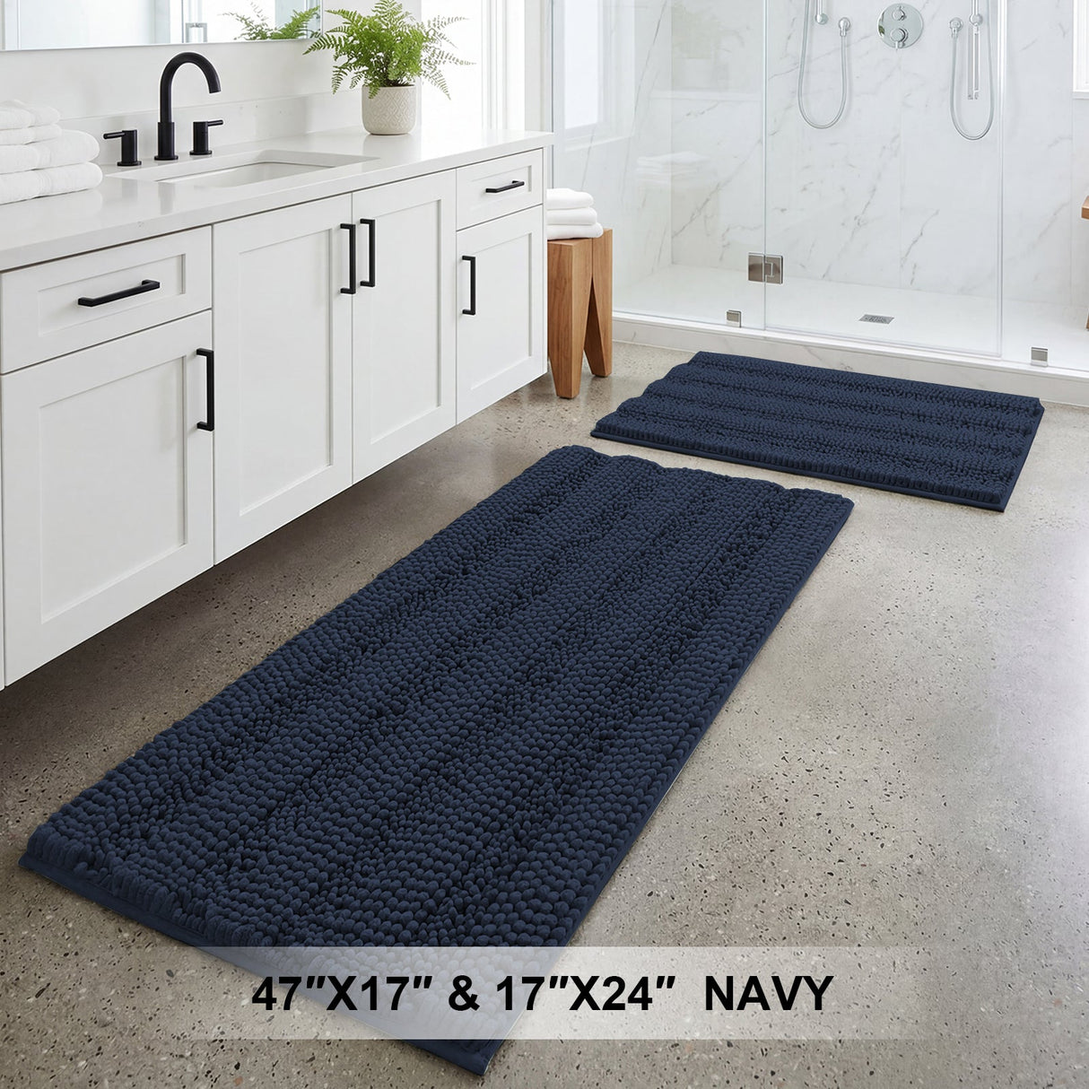 H.Versailtex 2 Pieces Extra Thick Chenille Striped Pattern Shaggy Bath Rugs Include 1 Rectangle and 1 Toilet Rug