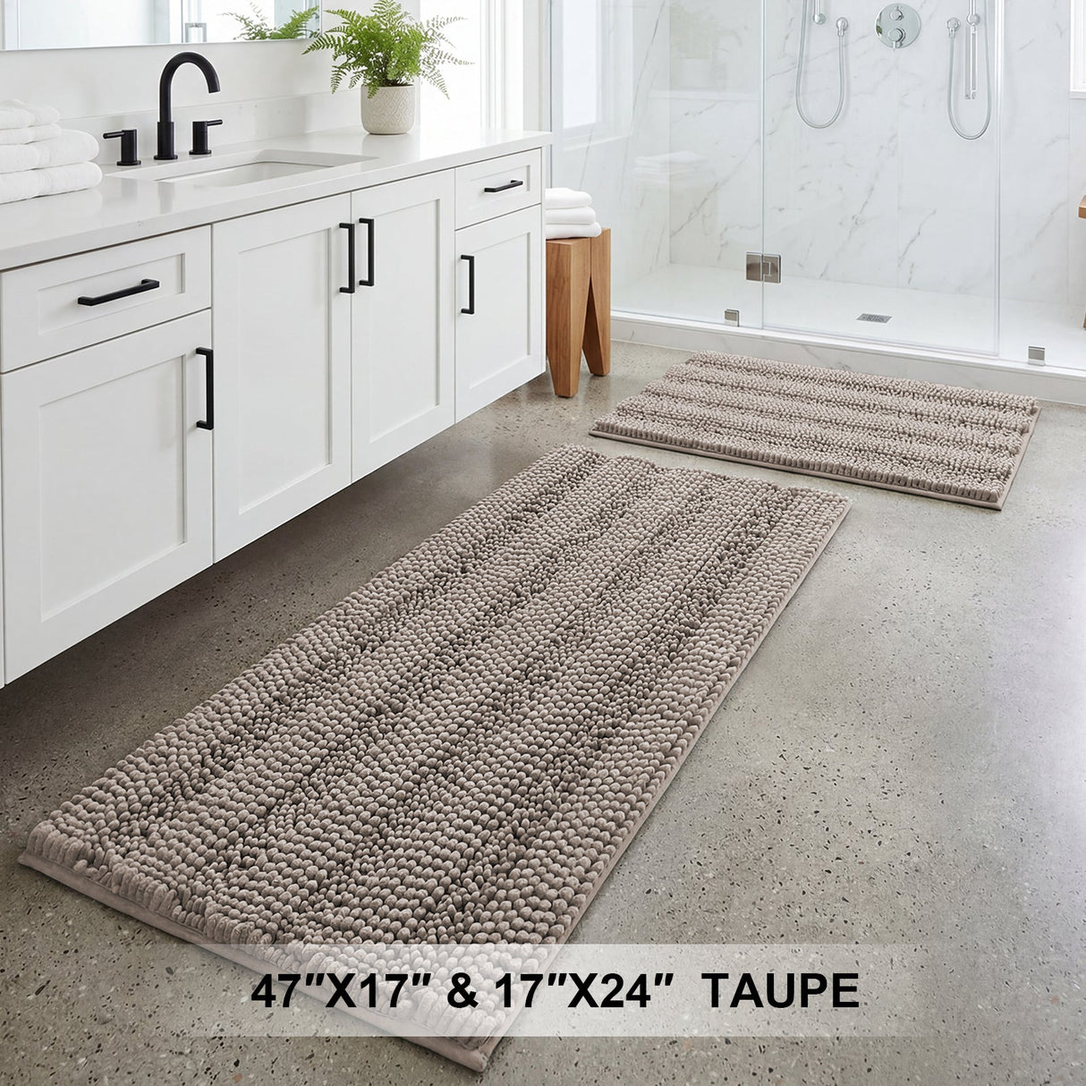 H.Versailtex 2 Pieces Extra Thick Chenille Striped Pattern Shaggy Bath Rugs Include 1 Rectangle and 1 Toilet Rug