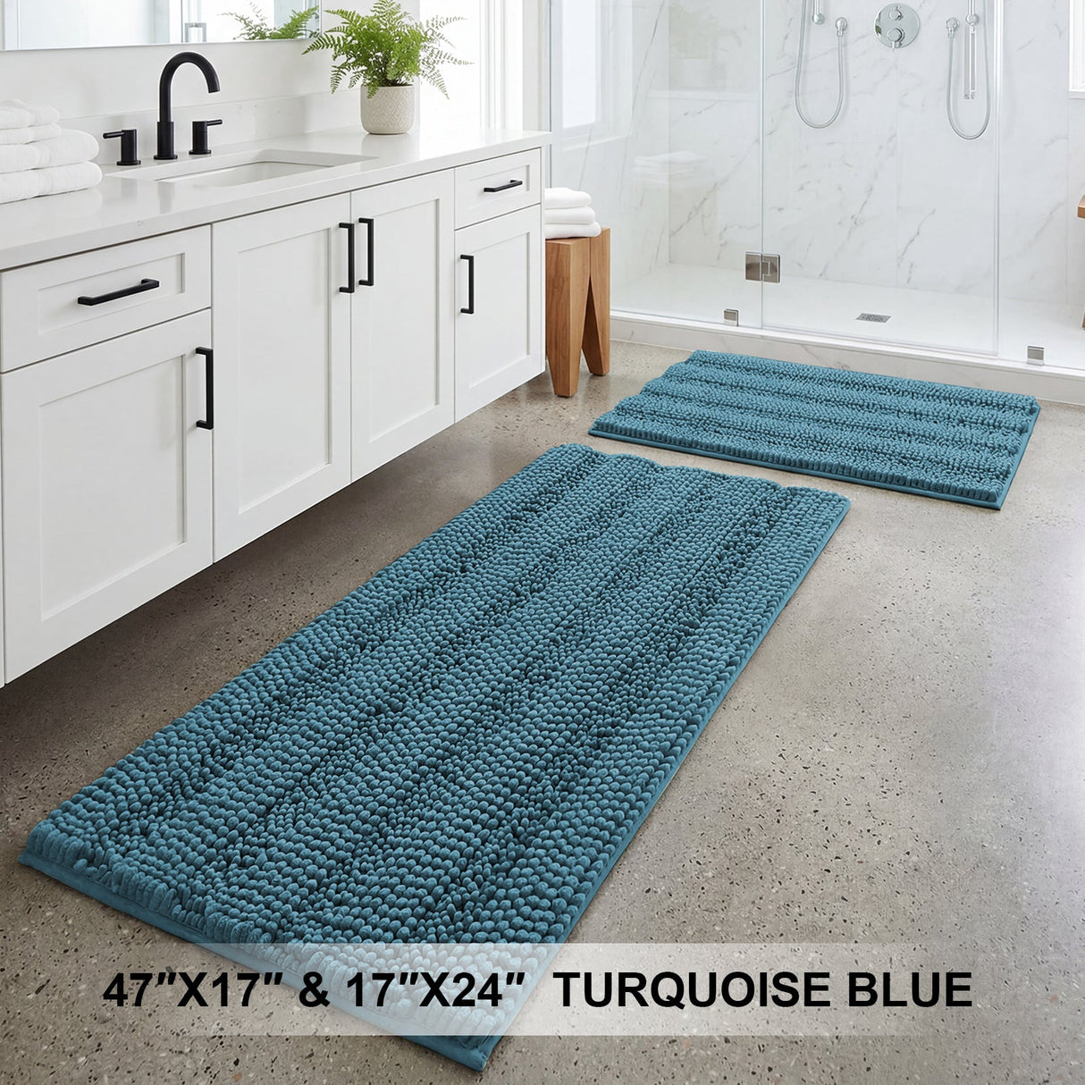H.Versailtex 2 Pieces Extra Thick Chenille Striped Pattern Shaggy Bath Rugs Include 1 Rectangle and 1 Toilet Rug