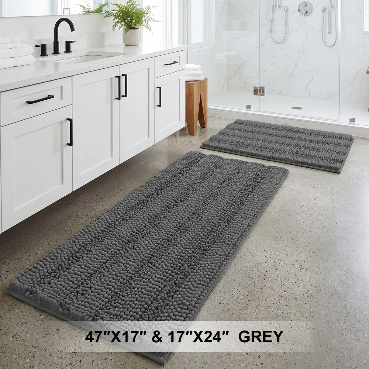 H.Versailtex 2 Pieces Extra Thick Chenille Striped Pattern Shaggy Bath Rugs Include 1 Rectangle and 1 Toilet Rug