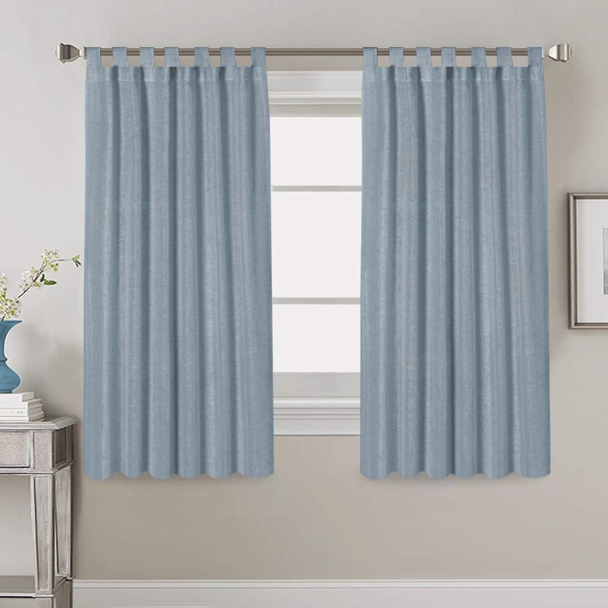 PrimeBeau Natural Linen Mix Tab Top Curtains, Light Filtering Panels (Set of 2)