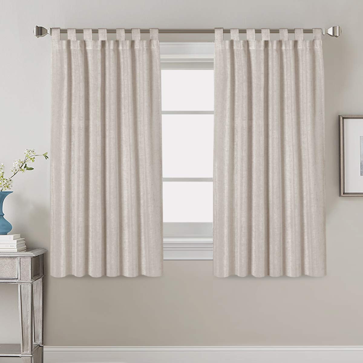 PrimeBeau Natural Linen Mix Tab Top Curtains, Light Filtering Panels (Set of 2)