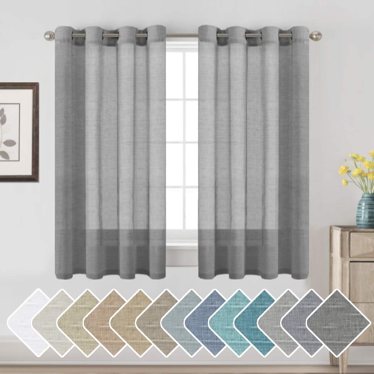 PrimeBeau Faux Linen Semi-Sheer Curtains - Set of 2 Panels, 52 Series Medium Length