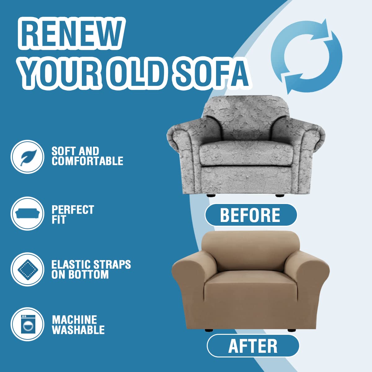 PrimeBeau 2023 Version Armchair Cover 1-Piece Stretch Couch Covers for 1 Cushion Couch Sofa Cover Spandex Non Slip Soft Form Fit Furniture Protector with Elastic Bottom