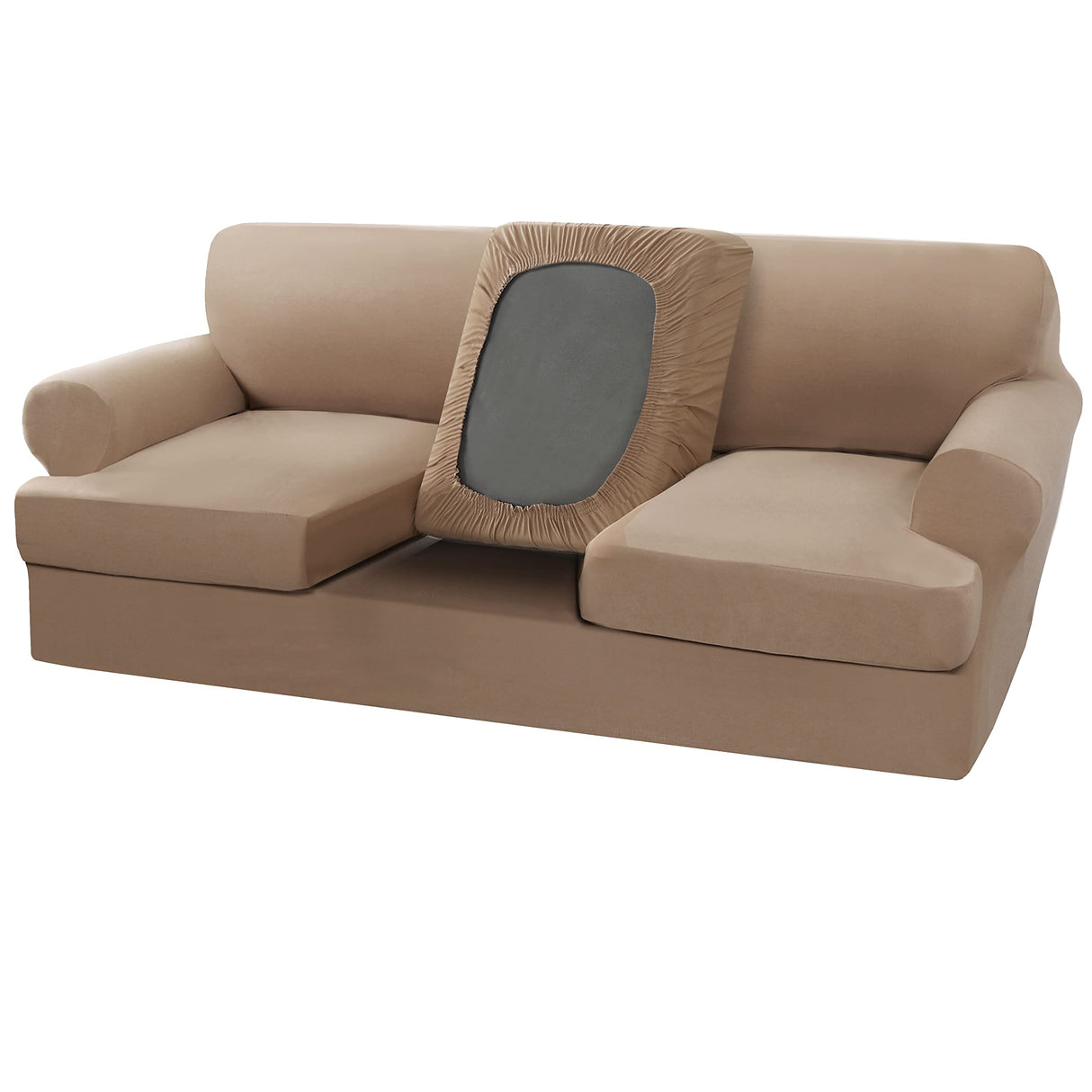 PrimeBeau 4 Pieces T Cushion Sofa Slipcovers Couch Cover for 3 Cushion Couch Non Slip Super Stretch Soft Washable Furniture Protector with 3 Individual T Cushion Covers